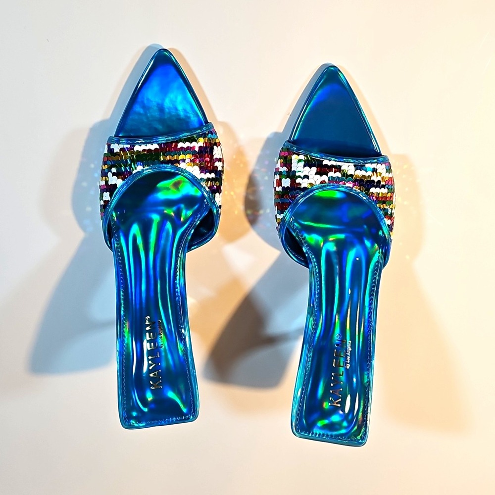 Kayleen Women Blue Multicolor Sequin Synthetic Pointed Toe Slip On Mule 8.5